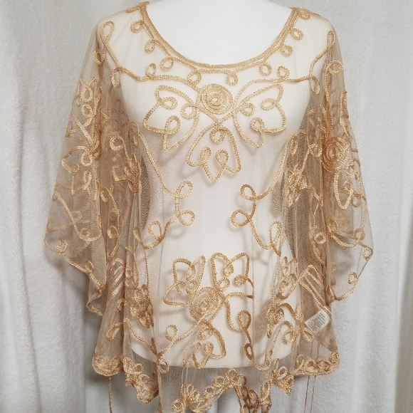 Pretty Angel Tops - Lace Cardigan Gold Scrolled Embroidery